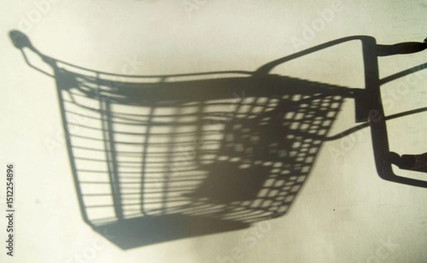 Fototapeta Shadow of a supermarket shopping cart on a white background with sunlight. Minimalist shopping concept.