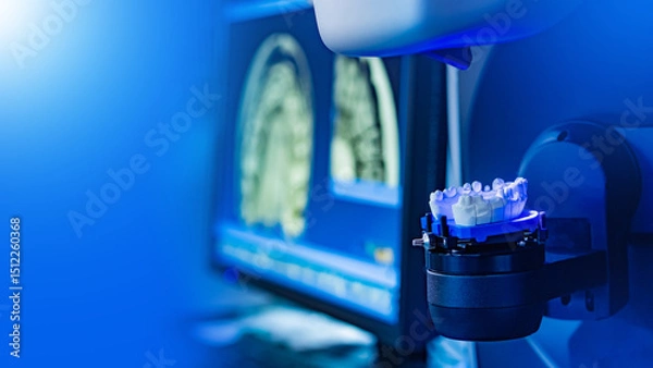 Obraz Dental 3D scanning system analyzing a jaw model with a digital screen in the background displaying dental imaging for CAD/CAM dentistry.