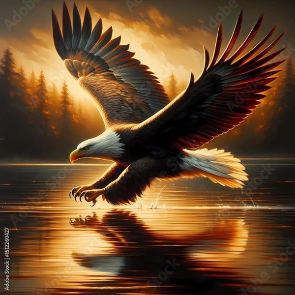 Fototapeta Bald Eagle in Flight over a Lake at Sunset
