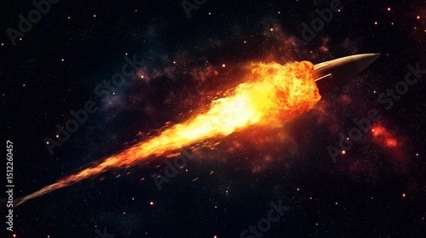Fototapeta Rocket launching into the starry expanse of space, burning fuel and propelling forward at incredible speed, creates a spectacular fire trail against the dark cosmos