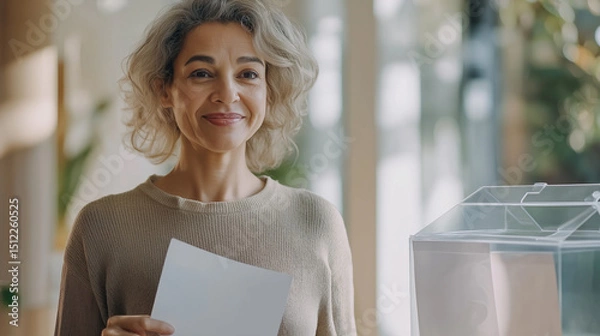 Fototapeta Smiling mature woman holding ballot paper near transparent ballot box, ready to vote in modern light polling station, participating in elections and making important decisions for future
