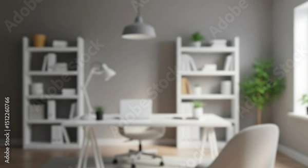 Fototapeta Blurred Minimalist Home Office with White Furniture and Grey Wall