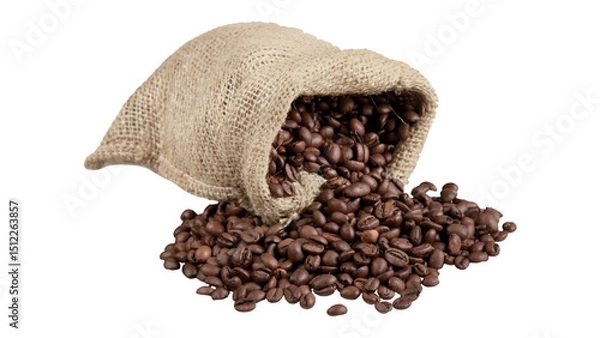 Obraz Overturned bag full of coffee beans on white background.