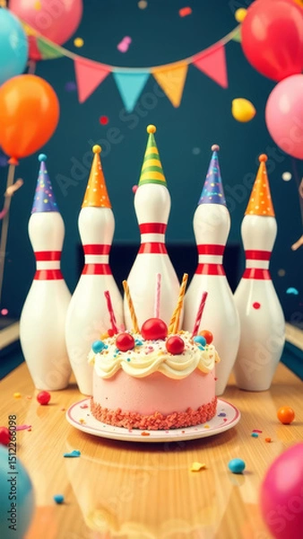 Fototapeta Colorful birthday party scene with bowling pins and a cake. The cake is decorated with candles and surrounded by balloons and confetti. Copy space