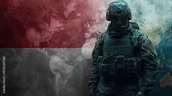 Fototapeta A soldier in tactical gear standing in front of the Indonesian flag. background features flag with a slightly transparent overlay of a world map, giving the scene a patriotic and global context.