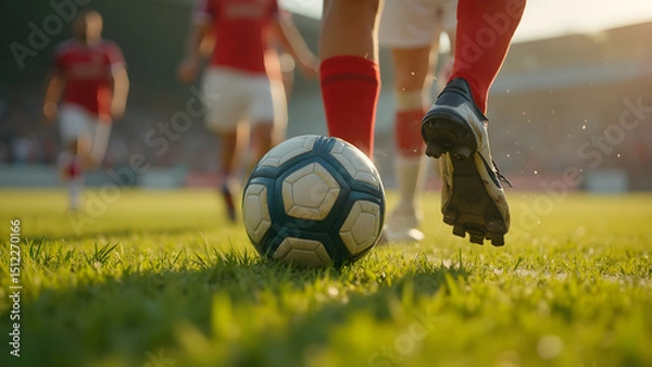 Obraz Soccer match intensity through players' feet. Ground level view of soccer action. Ultra realistic soccer game highlights. Capturing soccer skills in motion.
