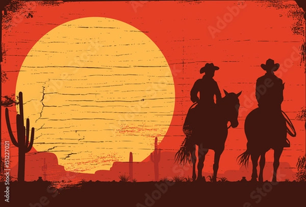 Obraz Sylwetka Cowboy para konna konie na drewniany znak, wektor