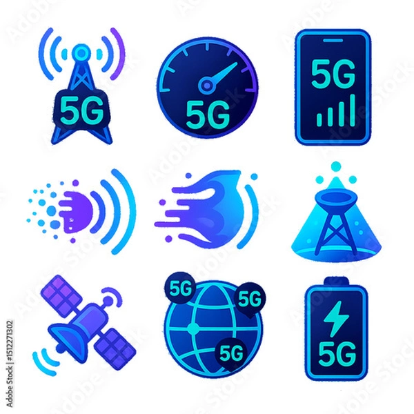 Obraz Futuristic 5G Signal Icon Set – Neon Tech Connectivity Symbols