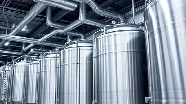 Fototapeta Rows of large stainless steel tanks for storing and processing milk. Pipes and ducts are visible for transporting materials throughout the plant.
