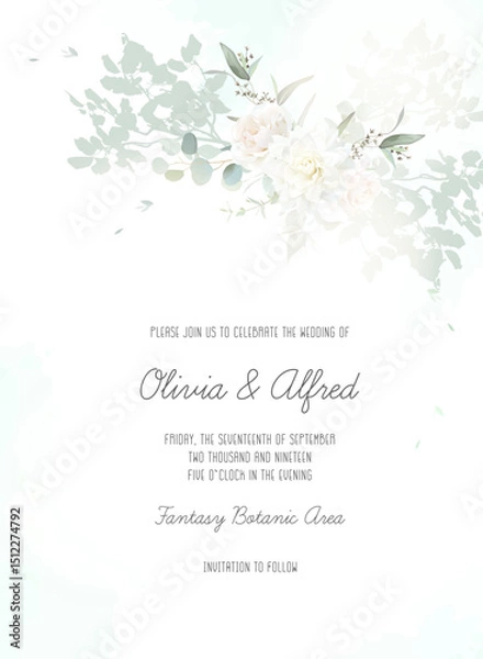 Fototapeta Herbal eucalyptus watercolor vector banner frame. Hand painted branches, rose, dahlia flowers on white background. Greenery wedding invitation. Watercolor card. All elements are isolated and editable