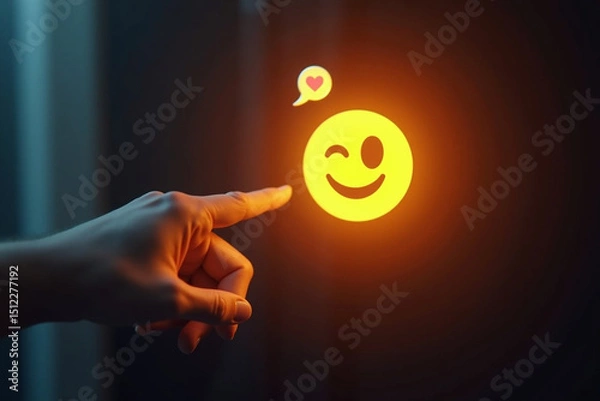 Obraz Mental Health Day concept. Hand holding a face icon that depicts happy and giving a heart of love in the message box. positive thinking, Take care of your mental health, Customer satisfaction.