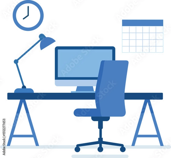 Obraz Modern office workspace featuring desk, computer, desk lamp, clock, and calendar, creating productive atmosphere