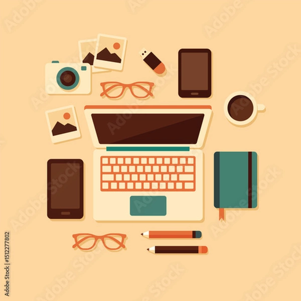 Fototapeta Workspace setup featuring laptop, smartphone, camera, coffee cup, and stationery items, creating cozy and productive atmosphere