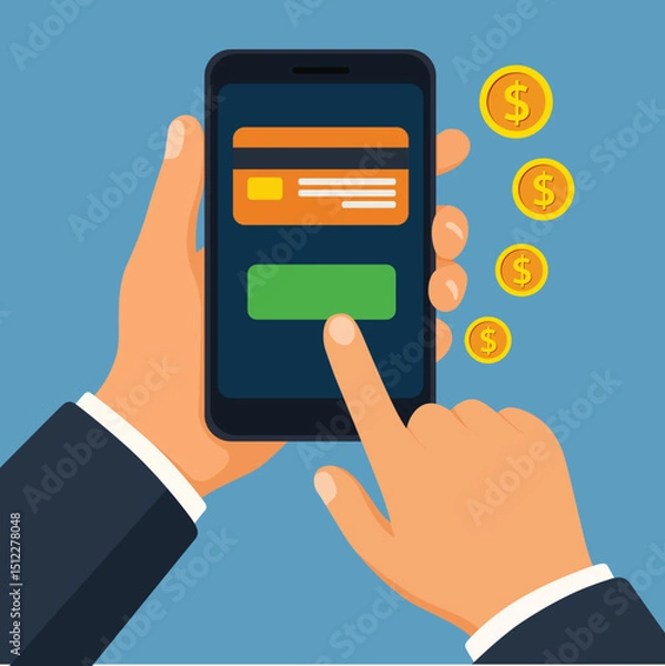 Fototapeta Person using smartphone to make payment, featuring credit card interface and dollar signs indicating transactions. This represents modern