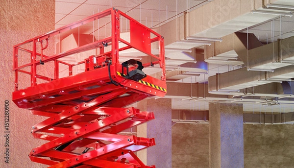 Obraz Red scissor lift platform positioned under ceiling ductwork in an unfinished building interior, used for HVAC or maintenance work. Activity: Construction, HVAC installation.