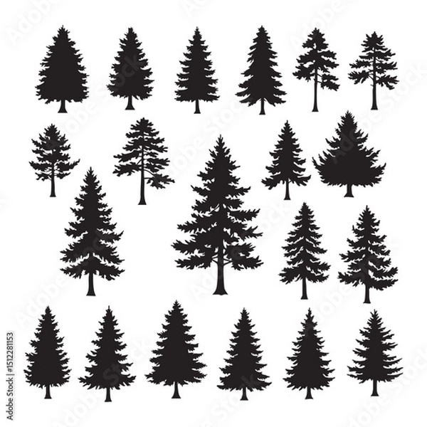 Fototapeta Silhouette set of pine tree on white background