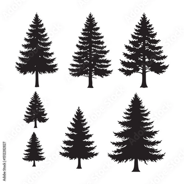 Fototapeta Silhouette set of pine tree on white background