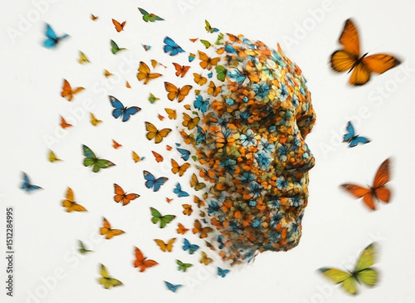 Fototapeta Human face composed of vibrant flowers and butterflies, symbolizing transformation, creativity, and harmony with nature in a surreal and artistic composition.