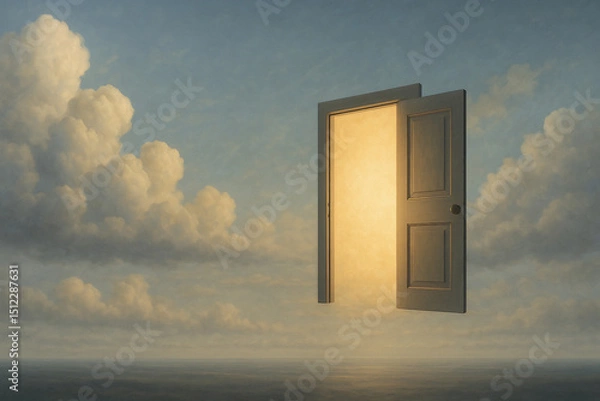 Fototapeta Surreal floating door glowing with golden light, set against a dreamy sky with soft clouds, symbolizing opportunity, mystery, and imagination.