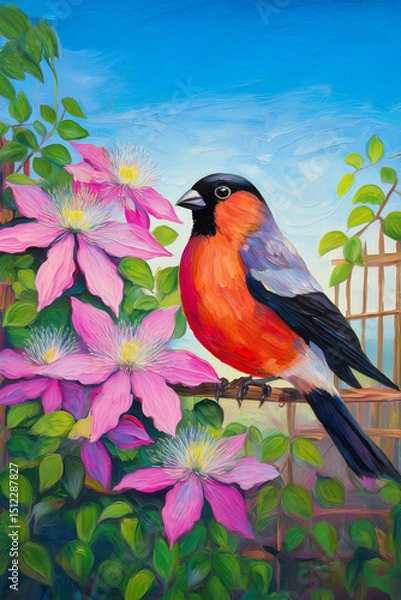 Fototapeta Painting style image of a Bullfinch bird perched atop garden trellis beside Clematis Montana flowers in blossom with blue visible in background 