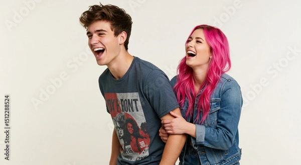 Obraz Funny best friends and couple laughing cheerfully while standing together in a studio