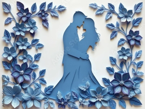 Fototapeta Paper Cut Couple in Cool Floral Embrace