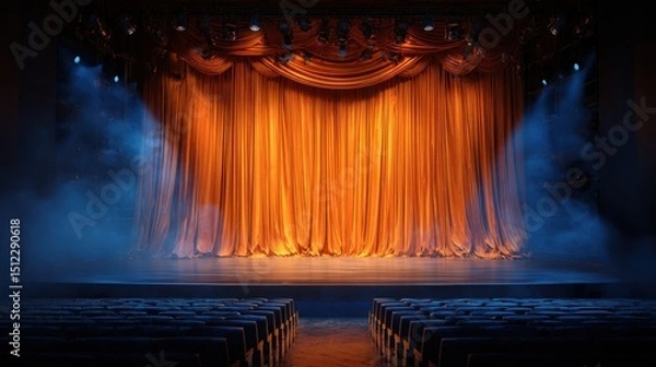 Obraz A 4K photo of theater stage orange velvet curtain backdrop with lights. Empty wood stage illuminated by spotlights. Performance hall with seats rows. Blue light and smoke.