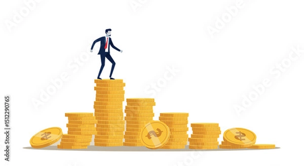 Fototapeta Businessman balancing on stack of coins symbolizing financial success and risk management
