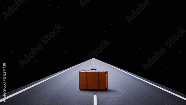Fototapeta Orange suitcase on an endless road under a starry night sky, symbolizing travel, adventure, and the journey into the unknown.