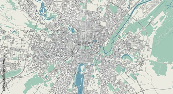 Fototapeta Detailed city map with roads, waterways, and green spaces