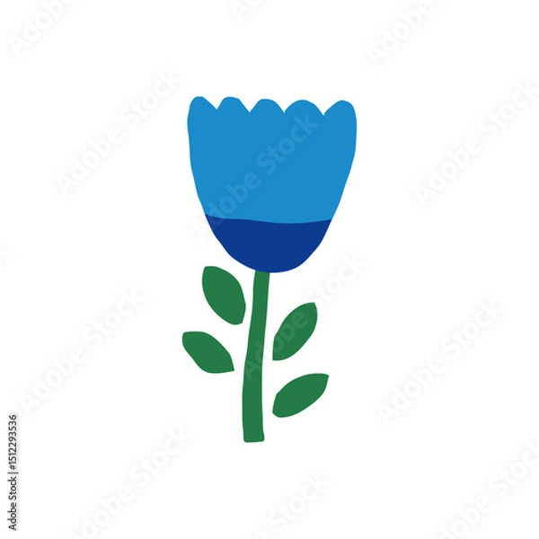 Fototapeta A minimalistic vector illustration of a blue flower with a green stem and leaves. The flower has a simple design with a rounded shape and flat colors.