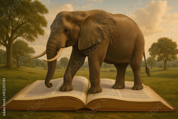 Fototapeta Elephant standing on an open book in a serene landscape, symbolizing knowledge, wisdom, and the harmony between nature and learning.