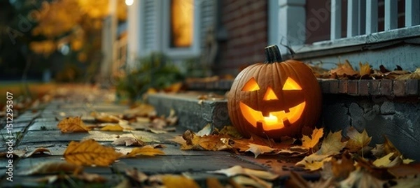 Fototapeta Serene jack o' lantern on front step, bathed in streetlight glow, amidst autumn leaves