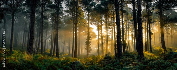 Fototapeta Sunlight streams through tall trees in a peaceful forest, creating a serene and tranquil atmosphere. Green undergrowth thrives below.