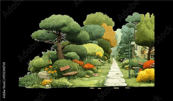 Fototapeta Peaceful Park Pathway Vector with Trees, Flowers, and Benches