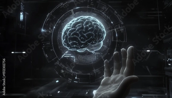 Obraz A digital illustration of a floating AI brain above an open palm, surrounded by a glowing circular network with data points and circuit patterns