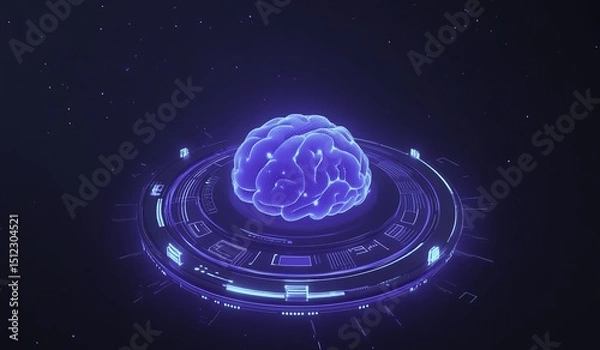 Obraz A futuristic blue digital background featuring a glowing holographic brain floating in the center