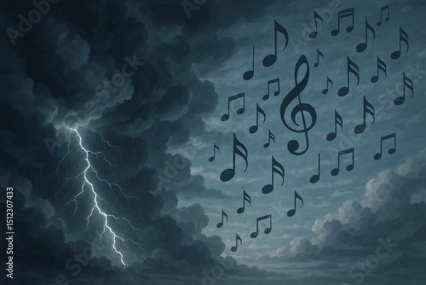 Fototapeta Musical notes floating in a stormy sky with lightning, symbolizing the harmony of chaos and creativity in a dramatic and surreal composition.