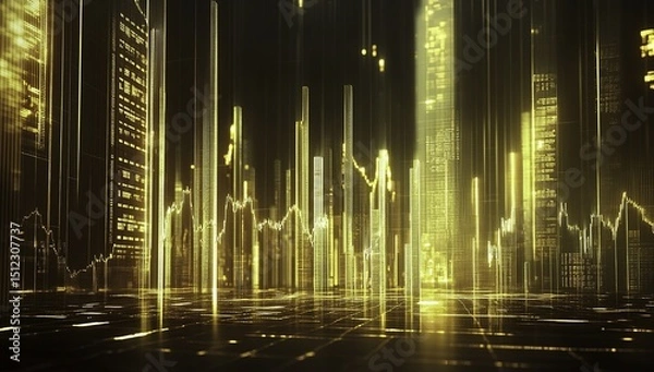 Obraz High-resolution gold bar graph and glowing financial charts on black background