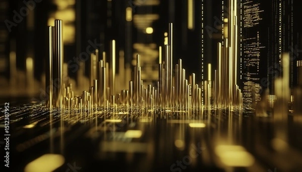 Obraz High-resolution gold bar graph and glowing financial charts on black background