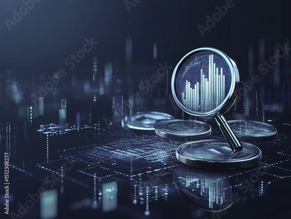 Obraz A digital illustration of coins and a bar chart with a magnifying glass and holographic effects on a dark blue background