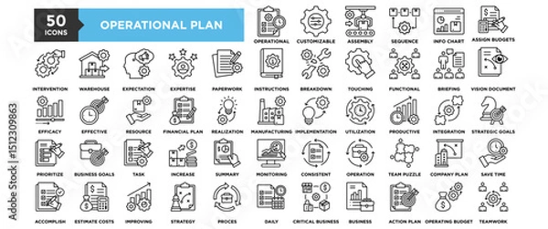 Fototapeta 50 Operational Plan icon set. Containing design business, management, strategy, process, plan, development