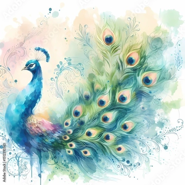 Fototapeta Watercolor Peacock with Flowing Feathers