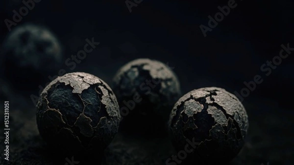 Fototapeta Radiation affected human cells in cracked, dark spheres showcasing cellular damage