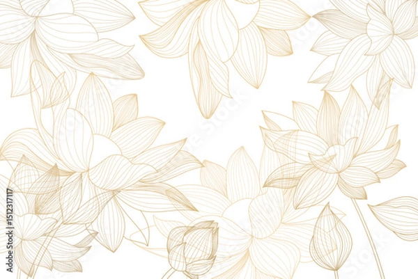 Fototapeta Vector leaf pattern, gold line art background. Art deco plant texture, elegant japanese graphic. Organic exotic drawing, boho flora garden illustration.