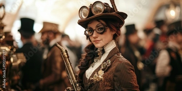 Obraz A steampunk cosplay event featuring elaborate costumes, gadgets, and interactive storytelling stations