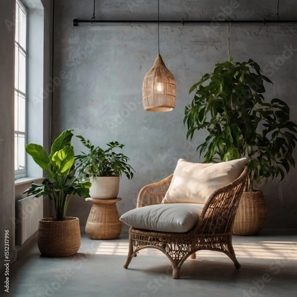 Obraz Minimalistic interior of the room in light colors in the loft style, the interior includes indoor plants in wicker pots, clear professional photo, solar lighting