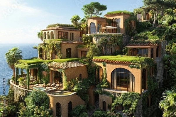 Obraz An eco-resort design combining Mediterranean-style villas with energy-efficient materials and green roofs