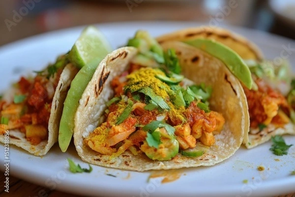 Obraz A farm-to-table vegan fusion dinner featuring dishes like kimchi tacos and turmeric-infused pasta