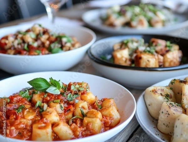 Obraz A fine dining vegan event with fusion dishes such as coconut-based Italian gelato and spicy tofu gnocchi